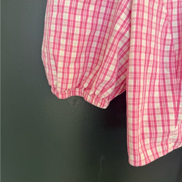 Sunday S EUC gingham Pink Plaid Puff Sleeve Top with lace up back (Aritzia) - Picture 6 of 12